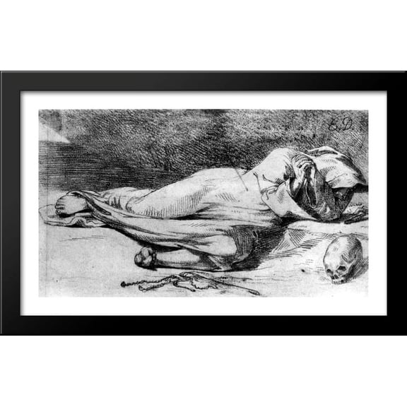 Monk at Prayer 40x24 Large Black Wood Framed Print Art by Eugene Delacroix