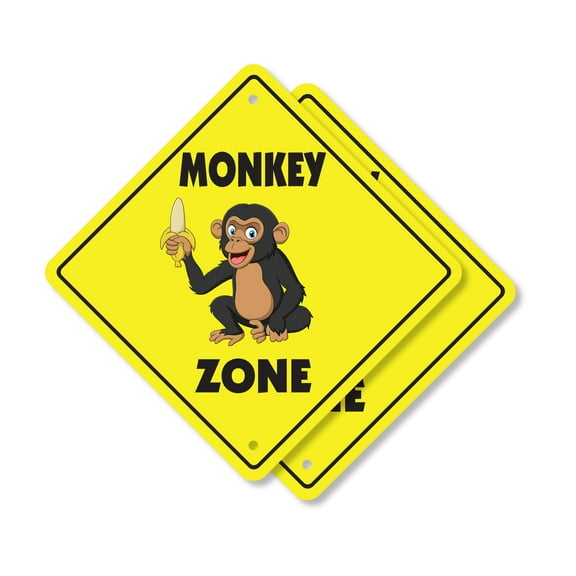 Monkey (2 Pack) Plastic Crossing Sign - 10 Inch X 10 Inch Xing Sign Gift Animal Wildlife Jungle Funny Cute Exotic Decor Nature Climbing Outdoors Playful