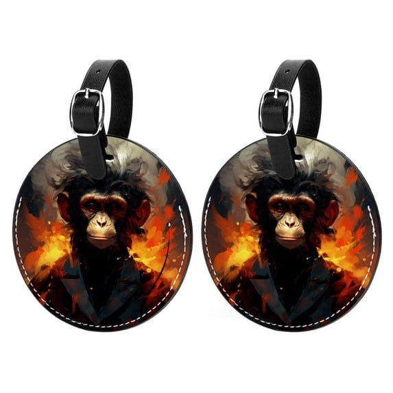 Monkey 2pcs PU Leather Round Bag Tags Suitcase Handbag Tags with Privacy Cover and Name ID Tag for Travel Luggage, Handbags, Backpacks, School Bags