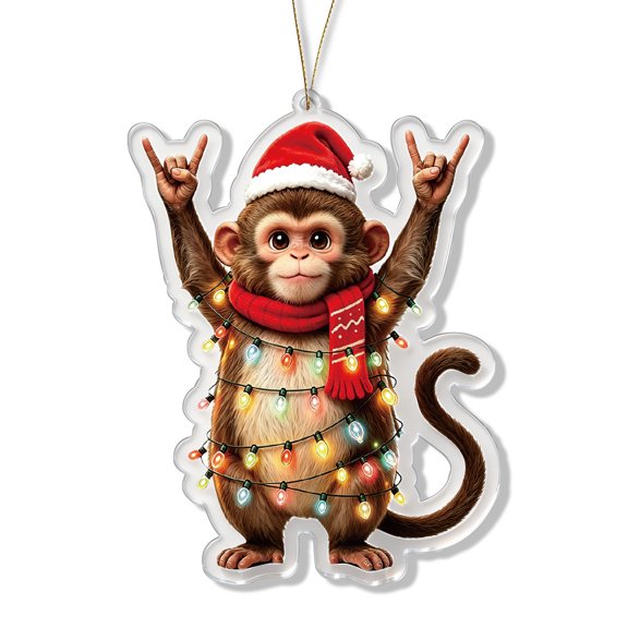 Monkey Acrylic Christmas Ornament Stained Glass Stlye 4 Inch Holiday Xmas Hanging Tree Decoration for Animal Lovers