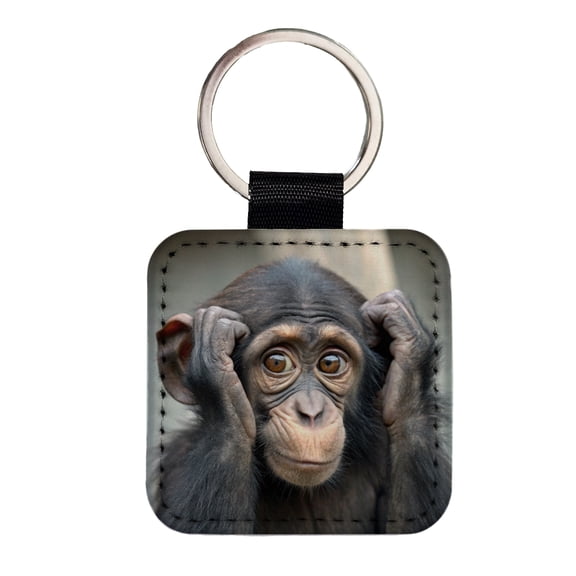 Monkey Adorable Faux Leather Square Keychain