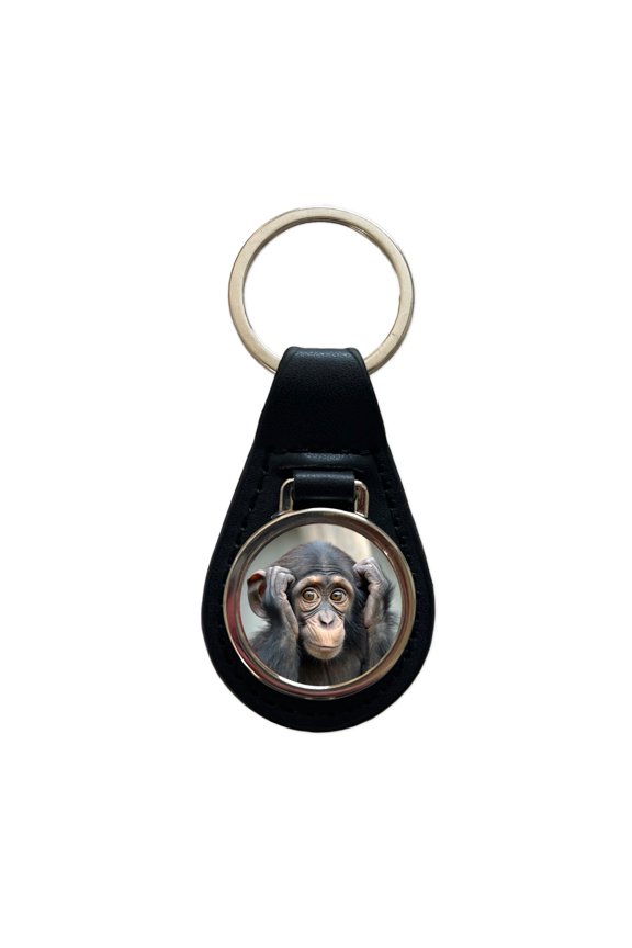 Monkey Adorable Metal Black Leather Keychain
