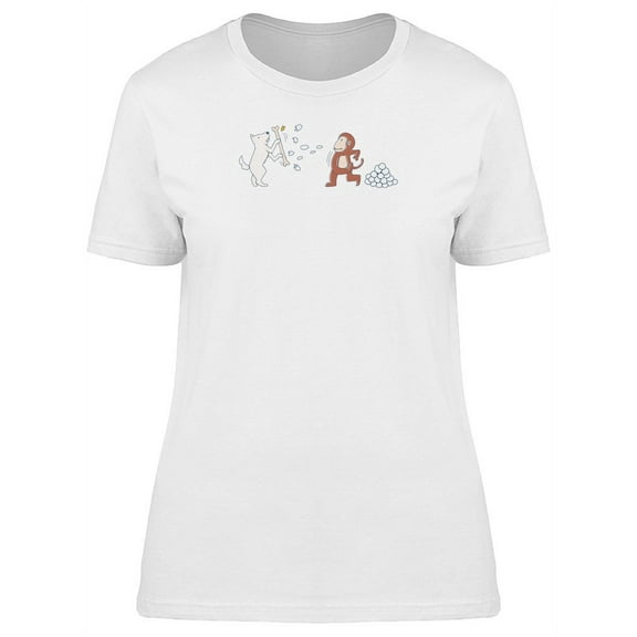 Monkey And Dog Snowball Fight T-Shirt Women -Image by Shutterstock, Female Large