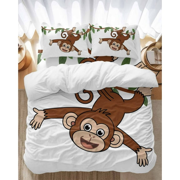 Monkey Animal Bedding Duvet Cover Set Twin Size 4 Pieces Vine Monkeys Cartoon Decoration Bedding Set with Zipper Closure, 1 Comforter Cover 68x86 Inches 1 Flat Sheet & 2 Pillow Cases