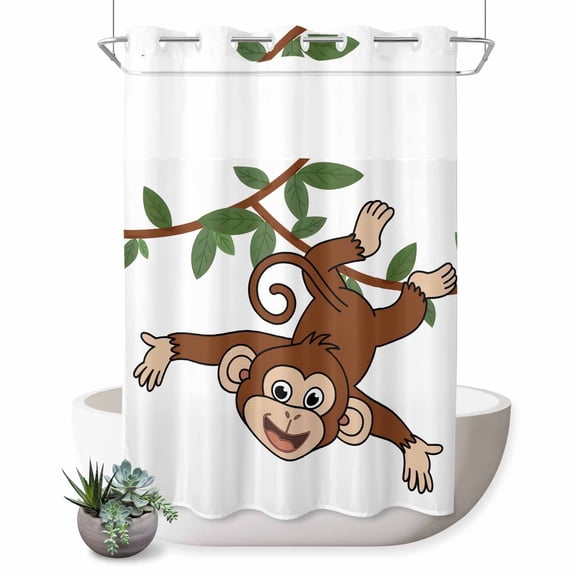 Monkey Animal No Hook Shower Curtain Vine Monkeys Cartoon Decoration Shower Curtain with See Through Top Window, Waterproof Washable Fabric Curtain for Bathroom Hotel Decor, 72Wx84L