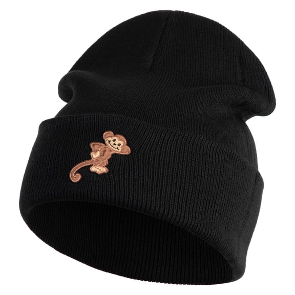 Monkey Animal Iron on Patched 12 Inch Long Knitted Beanie - Black OSFM