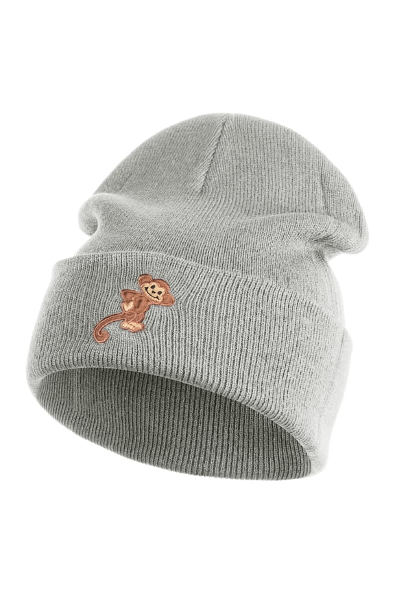 Monkey Animal Iron on Patched 12 Inch Long Knitted Beanie - Heather Grey OSFM