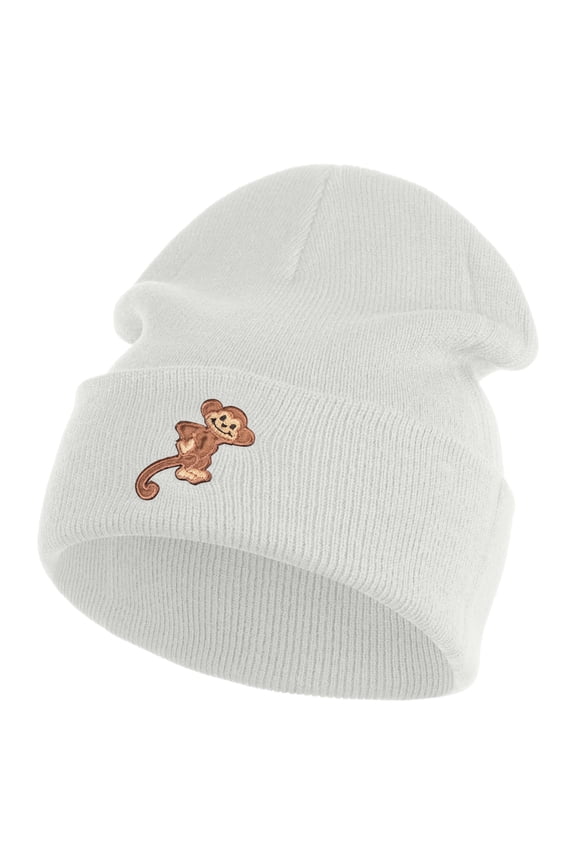 Monkey Animal Iron on Patched 12 Inch Long Knitted Beanie - White OSFM