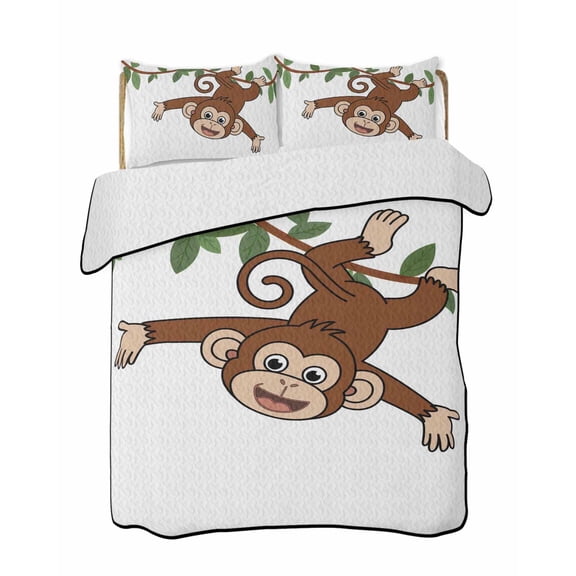 Monkey Animal Quilts Bedding Set Twin Size Vine Monkeys Cartoon Decoration Lightweight Quilted Bedspread 3 Piece Bed Quilt with 2 Pillow Shams All Season for Bedroom 68" x 86"
