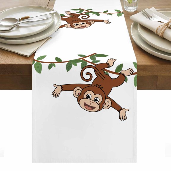 Monkey Animal Table Runner 13 x 36 Inch, Vine Monkeys Cartoon Decoration Washable Cotton Linen Dining Table Runner Tabletop Decorations for Restaurant Home Kitchen Party