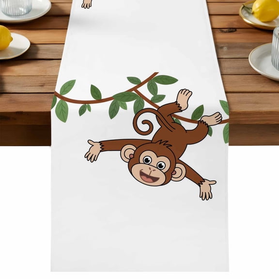 Monkey Animal Table Runner, Vine Monkeys Cartoon Decoration Cotton Linen Table Cloth, Tablerunner for Kitchen Dining Party Wedding Home Decor 13x36 Inch