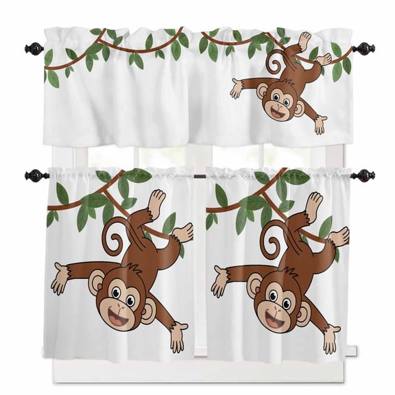 Monkey Animal Window Curtains Valance Set of 3 Vine Monkeys Cartoon Decoration Rod Pocket Small Kitchen Curtain, Soft Window Treatment for Bedroom Party Holiday Decor