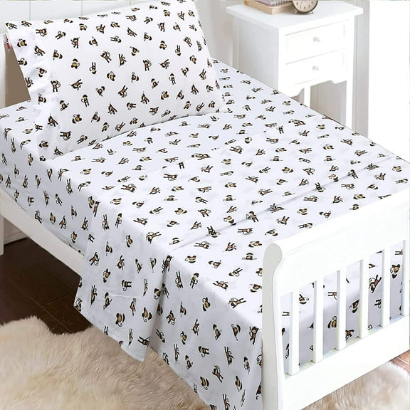 Monkey Around Jungle Bananas 3 Piece White Cotton Toddler Sheet Set