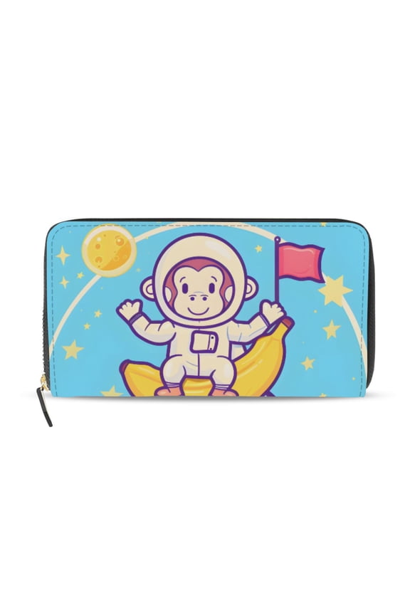 Monkey Astronaut Banana Earth Flag Women's Long Zipper Wallet Bifold Clutch Purse PU Leather Card Cases