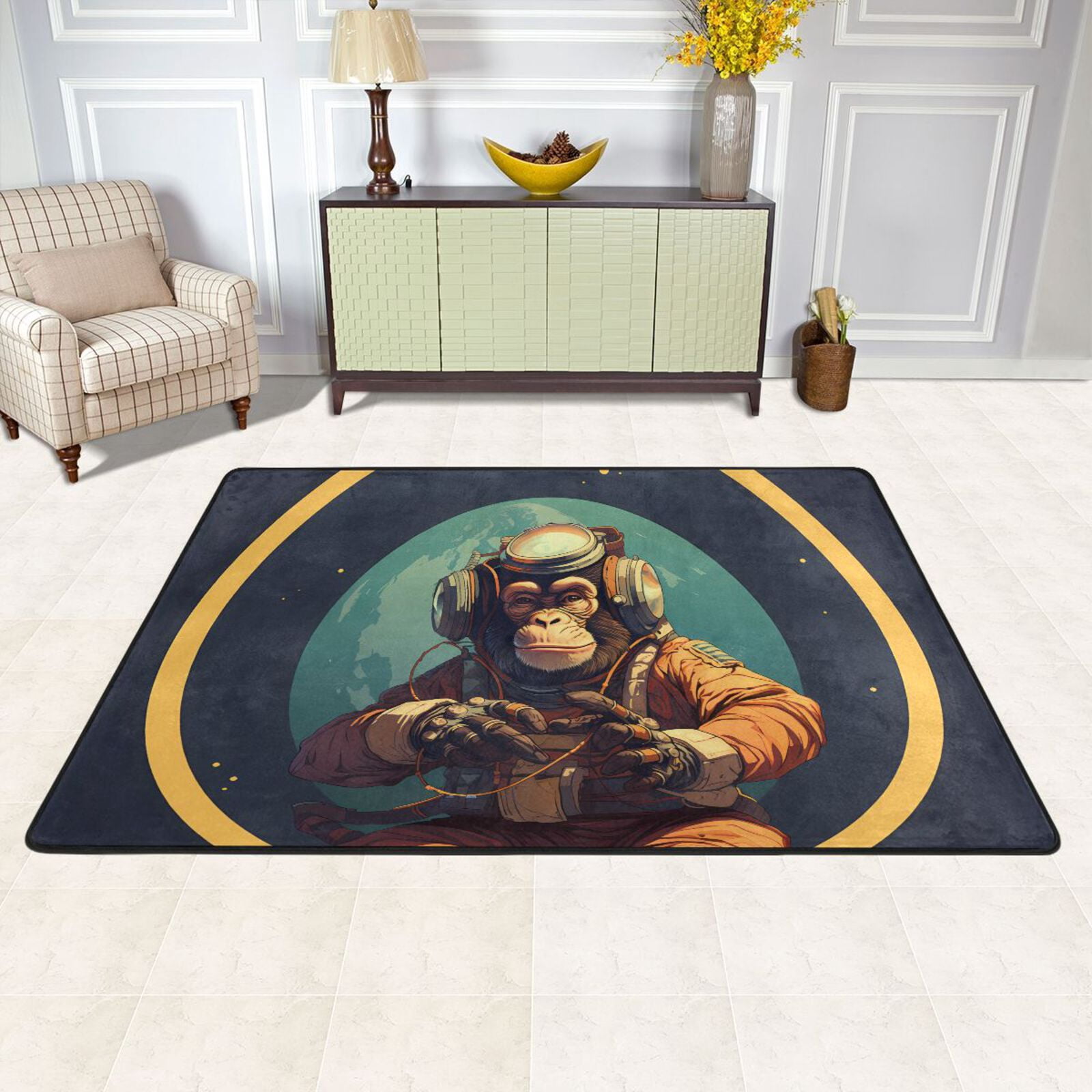 Space Monkey Rug Monkey Astronaut Earth Area Rug Washable 72 x 48 Floor Carpet Mat Non ...