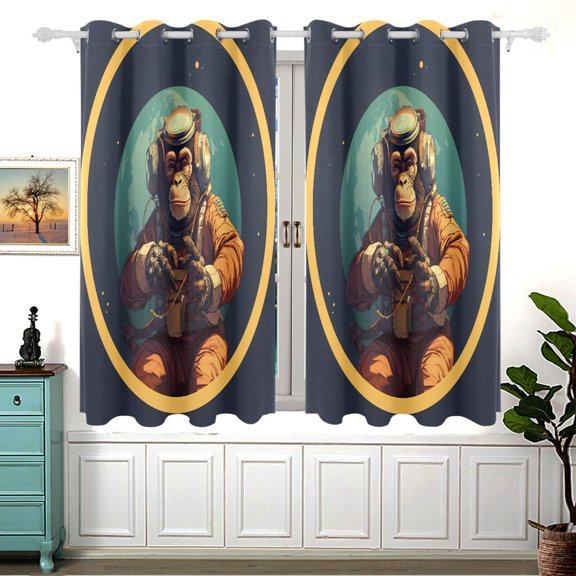 Monkey Astronaut Earth Black Out Curtains Aesthetic for Bedroom Living Room Sliding Glass Doors Kitchen Windows 2 panels set