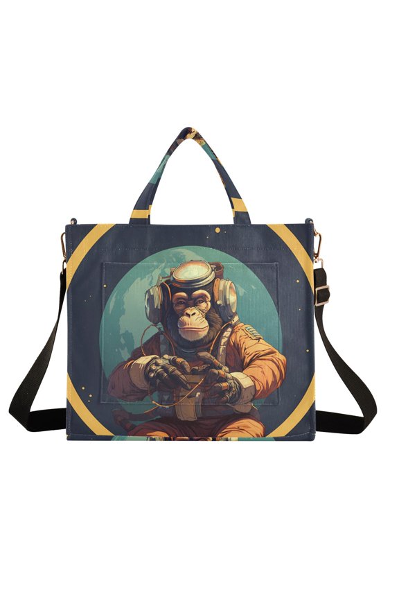 Monkey Astronaut Earth Corduroy Tote Bag Handbag Large Messenger Bag Shoulder Crossbody Zipper Bag Purse