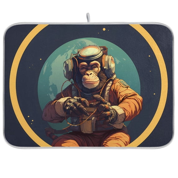 Monkey Astronaut Earth Dish Drying Mat Dish Drainer Rack Mats Water Absorbent Non-Slip Easy Clean Heat Resistant for Kitchen Counter
