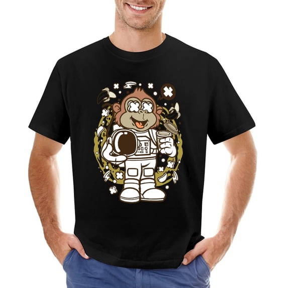 Monkey Astronaut Men’s Graphic T-shirt Vintage Short Sleeve Sport Tee Black S