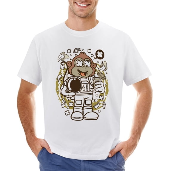 Monkey Astronaut Men’s Graphic T-shirt Vintage Short Sleeve Sport Tee White 5XL
