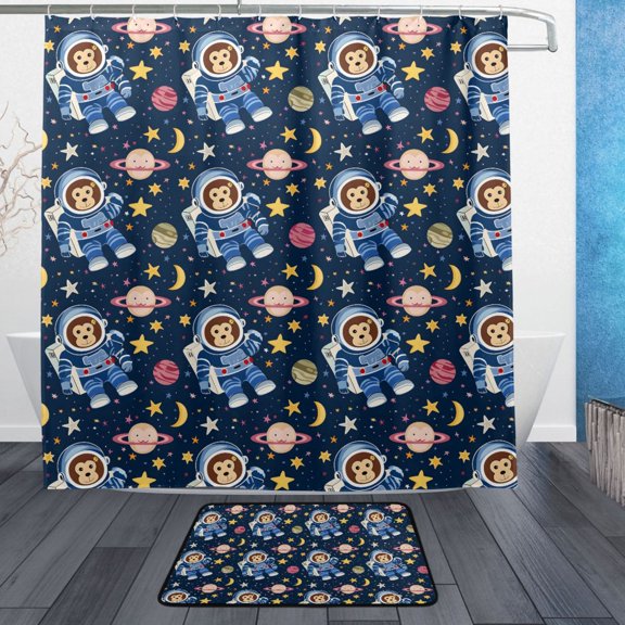 Monkey Astronaut Pattern Bathroom Accessory Sets Waterproof Shower Curtain with Absorbent Non-Slip Rug