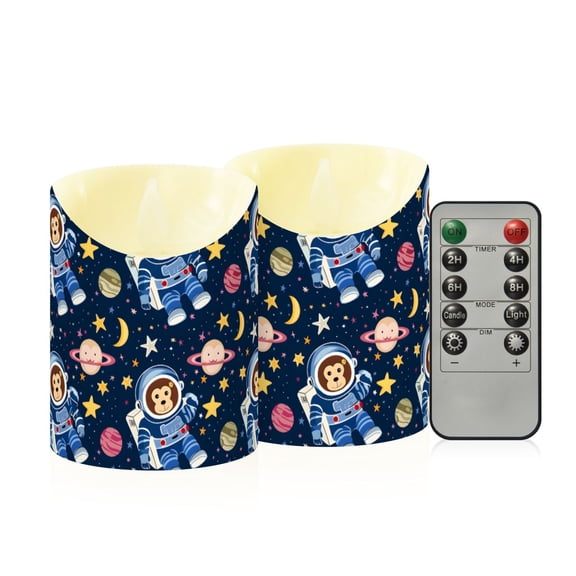 Monkey Astronaut Pattern Flameless Candles 2 PCS with Remote Realistic Moving Flame LED Tapered Pillar Set for Home Decor