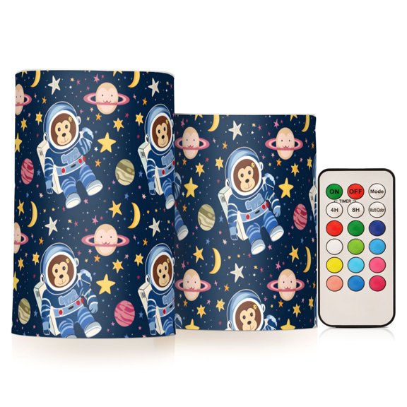 Monkey Astronaut Pattern Flameless LED Candle Set with Remote, Battery Operated Color Changing Pillar Candles, Set of 2