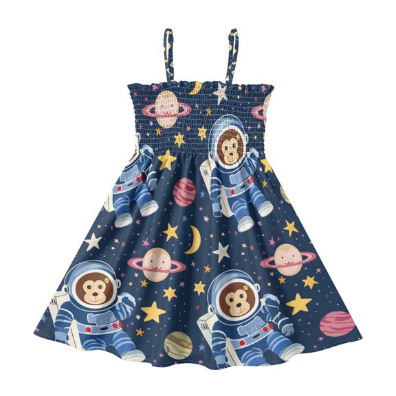 Monkey Astronaut Pattern Girls' Casual Dresses 2Y-8Y Sleeveless Ruffle Neck for Summer Daily Wear
