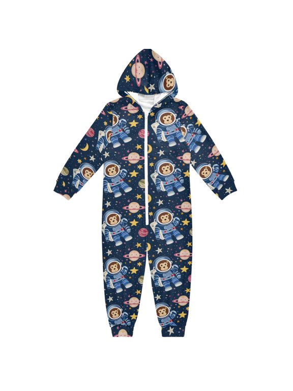 Monkey Astronaut Pattern One Piece Pajamas Soft Jumpsuit Cozy Sleep and Play Romper Zipper and Pockets 5T-6T