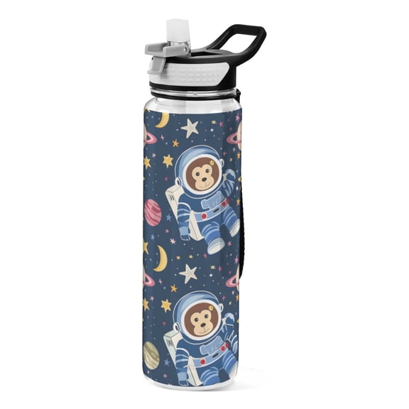 Monkey Astronaut Pattern Sport Water Bottle Tritan with Straw 1000ml Portable for Outdoor Daily Use
