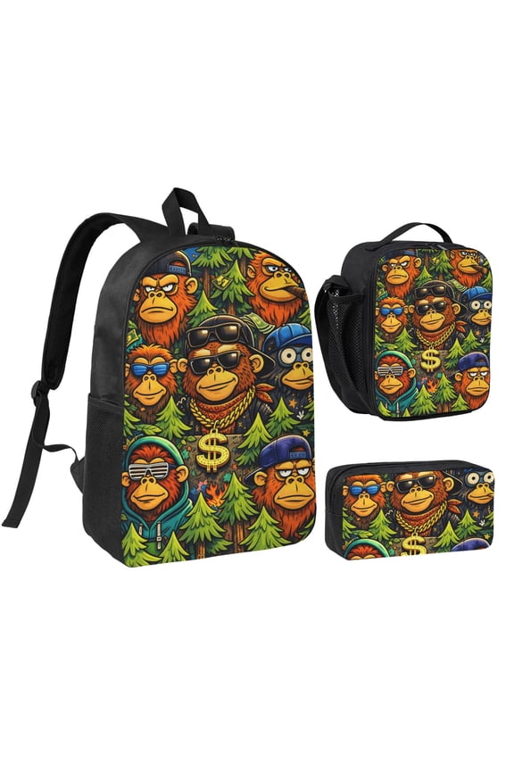 Monkey Backpack Set 3pc Including Backpack, Lunch Bag and Pen Bag Combination
