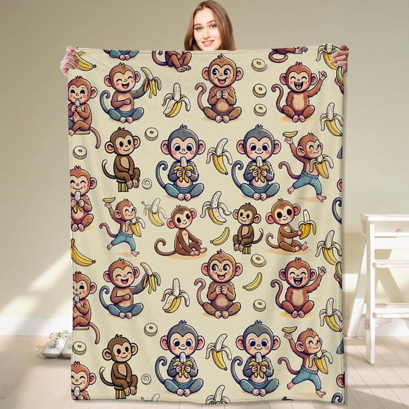 Monkey and Banana Blanket,Fun Cartoon Jungle Theme Throw Blankets,Birthday Gifts for Kids & Animal Lovers,Lightweight Soft Fleece,for Picnic Sofa Couch Bed Room Travel,Modern Decor,40x50in