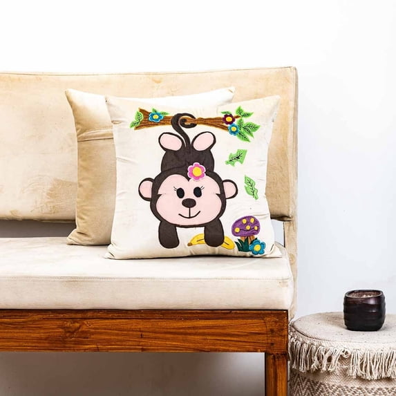 Monkey with Banana Cushion Cover for Kids – 16x16 Inches | Cute Animal Pillow Cover for Nursery, Toddler Room, Playroom | Soft Velvet Decorative Throw Pillow Case | Beige and Brown | No Insert