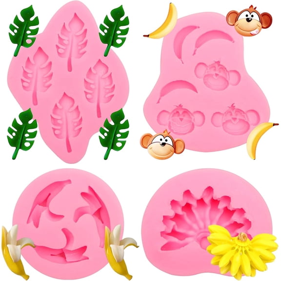 Monkey Banana Silicone Molds, 3D Banana Tropical Monstera Leaves Fondant Molds, Summer Theme Chocolate Cake Decoration Molds for Baking Cupcake Topper Candy Jelly Ice Snack Clay Resin Set of 4