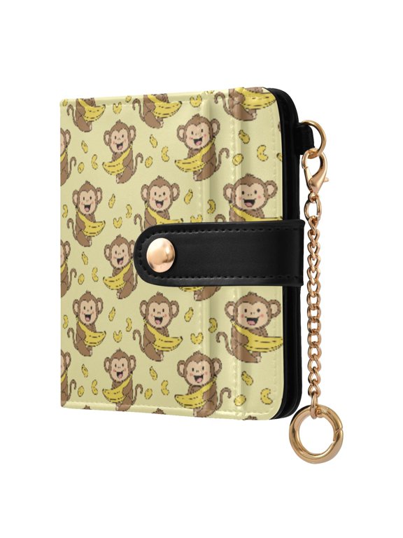 Monkey Bananas Small Wallet for Women RFID Blocking Bifold PU Leather Credit Card Holder with Zipper Coin Pocket Compact Cute Travel Purse Magnetic Snap 7 Card Slots