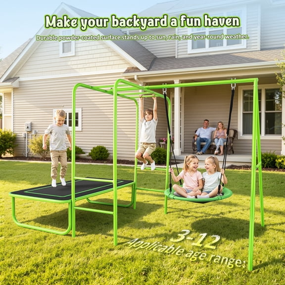 Monkey Bars for Kids Backyard with Saucer Swing & Trampolone, 220 lbs Heavy Duty 3-in-1 Playground Set for Ages 312