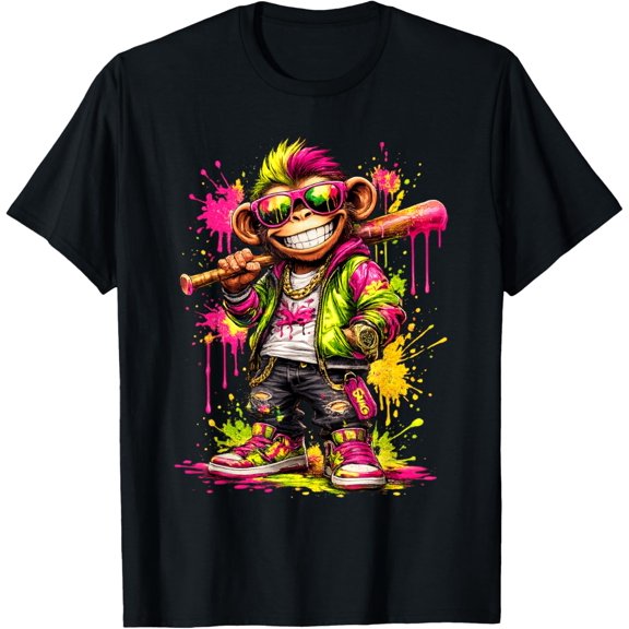 Monkey Baseball Drip Funny Animal Party Sport Cool Graphic T-Shirt- Classic Unisex 100% Cotton Crew Neck T-Shirt Breathable Casual Everyday Wear Affordable Graphic Soft t shirt Cheap t shirts