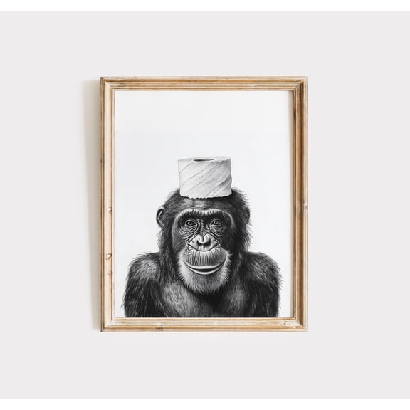 Monkey Bathroom Wall Art Funny Chimpanzee Toilet Paper Print Black White Orangutan Animal Sketch Restroom Decor Ape Portrait