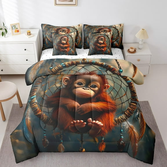 Monkey Bed in a Bag Queen Comforter Set 7 Piece,Dream Catchers Bedding Sets,Boho Feather Sheet Set with Comforter Woodland Animals Bed Set,Exotic Bohemian Decor