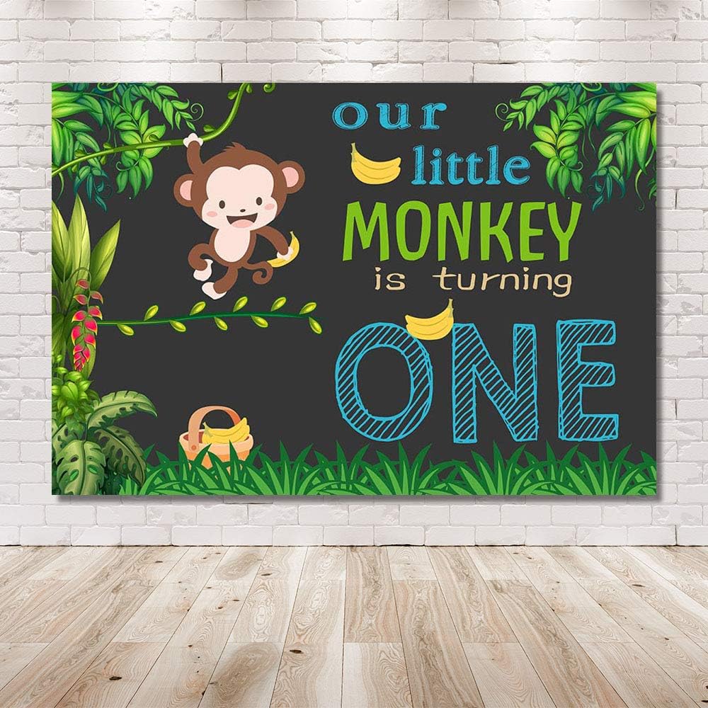 Monkey Birthday Party Photo Booth Backdrop Safari Green Leaves Bananas ...