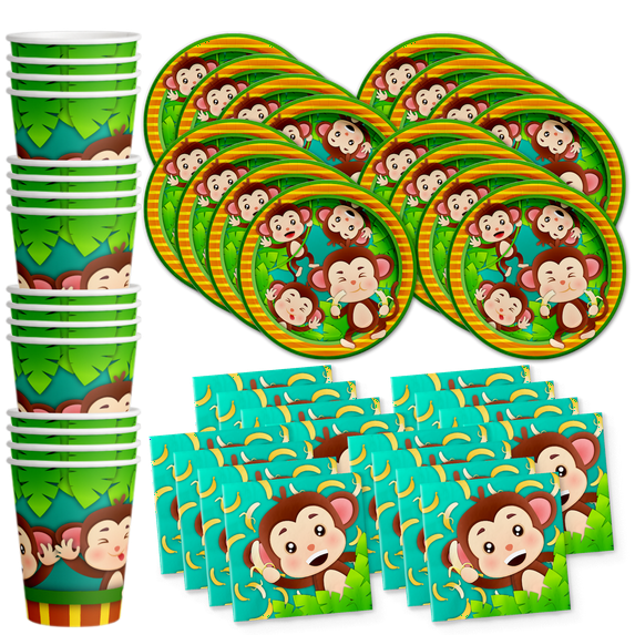 Monkey Birthday Party Supplies - Jungle Animal Party Supplies - Zoo Animal Party Supplies | Tableware Set Includes Plates, Napkins and Cups | Kit for 16
