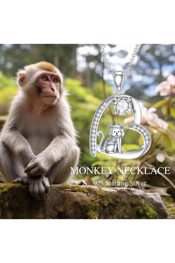 Monkey Birthstone Necklace for Women 925 Sterling Silver Heart Monkey Pendant Necklace Jewelry Gifts for Women
