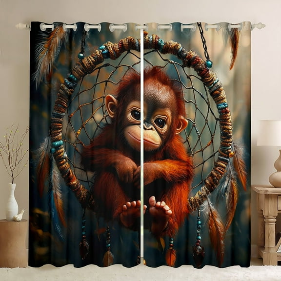 Monkey 30%-50% Blackout Curtains for Bedroom Dream Catchers Curtains for Living Room 2 Panels 52"Wx63"L,Boho Feather Curtains Drapes Woodland Animals Window Curtains