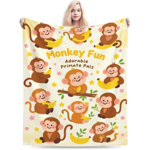 Monkey Print Flannel Fleece Throw Blanket, 50" x 60", Cute Monkey Gift for Women, Girls, Kids and Adults