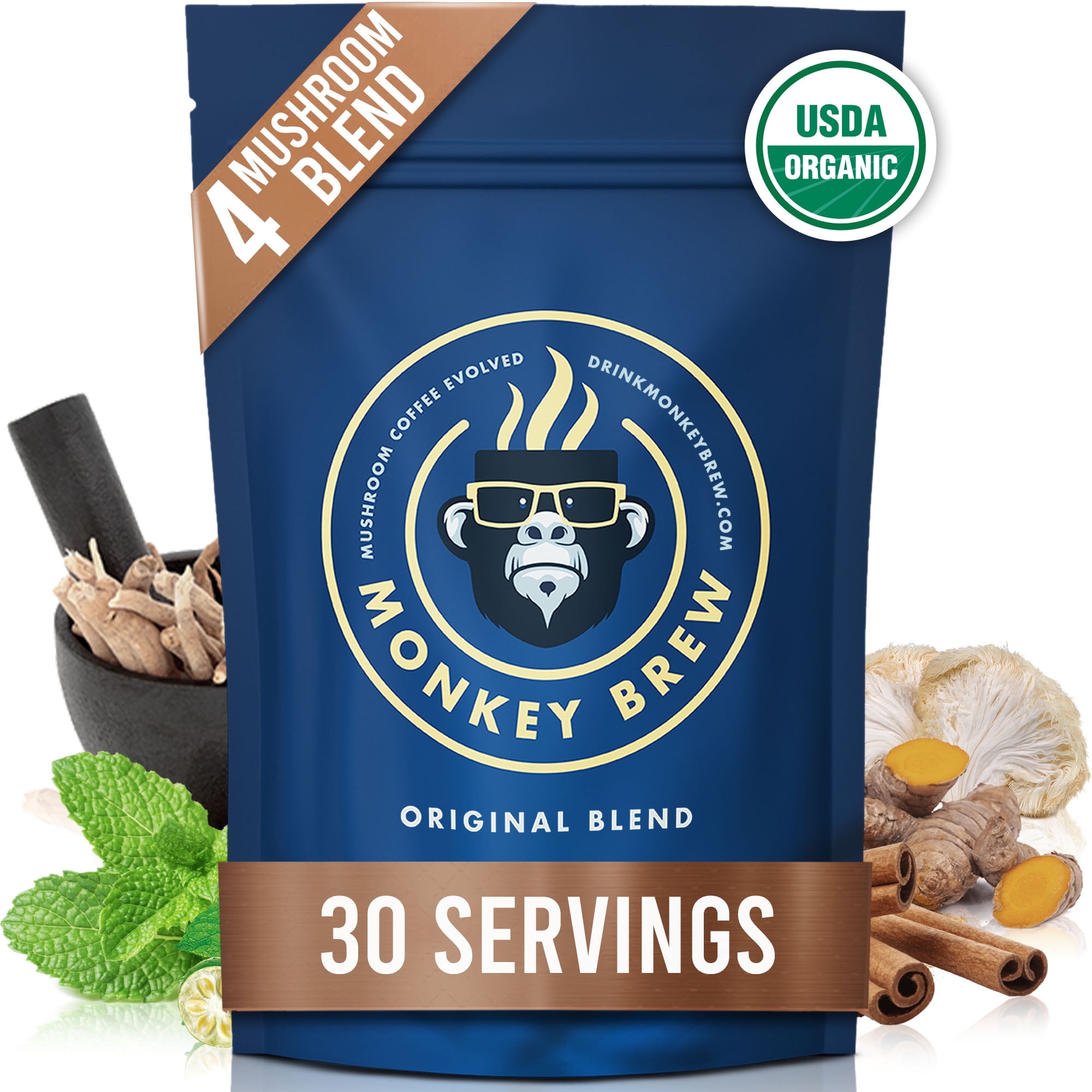 Monkey Brew - Organic Mushroom Coffee Alternative - Lion's Mane, Turkey Tail, Cordyceps, Maitake + Ashwagandha And Turmeric - Boosts Focus, Mood, Gut Health, And Energy W/out Afternoon Crash 30 Serv