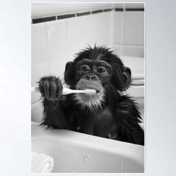 Monkey Brushing Teeth In The Bathroom Poster Wall Art, Modern Wall Decor For Living Room Bedroom, 12x18 UNFRAMED