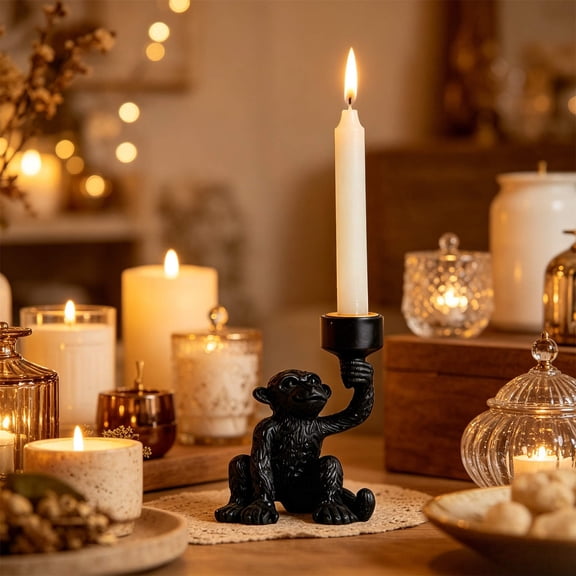 Monkey Candlestick, Resin Holder, Playful Primate Sculpture Design and Weighted Stable Base for Tabletop Centerpiece, Holiday Party Decor, and Housewarming Gift Giving.