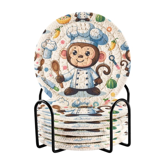 Monkey Chef Cooker 6 Pcs Drink Coasters with Holder Absorbent Coasters Woven Coasters for Drinks Table Desk Protection Home Decor