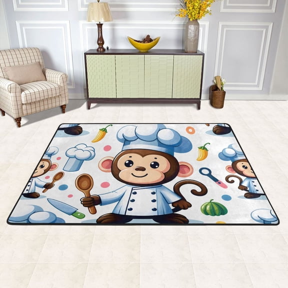 Monkey Chef Cooker Area Rug Washable 72 x 48 Floor Carpet Mat Non Slip for Bedroom Living Room Kids Room Home Decor
