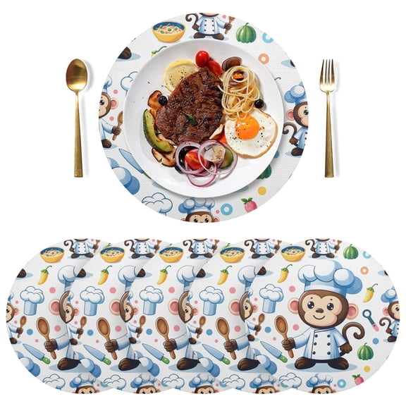 Monkey Chef Cooker Black Round Placemats Plate Mats 15 Inch Non-Slip Heat Resistant Washable PVC Set Indoor for Kitchen Dining Table 6PCs